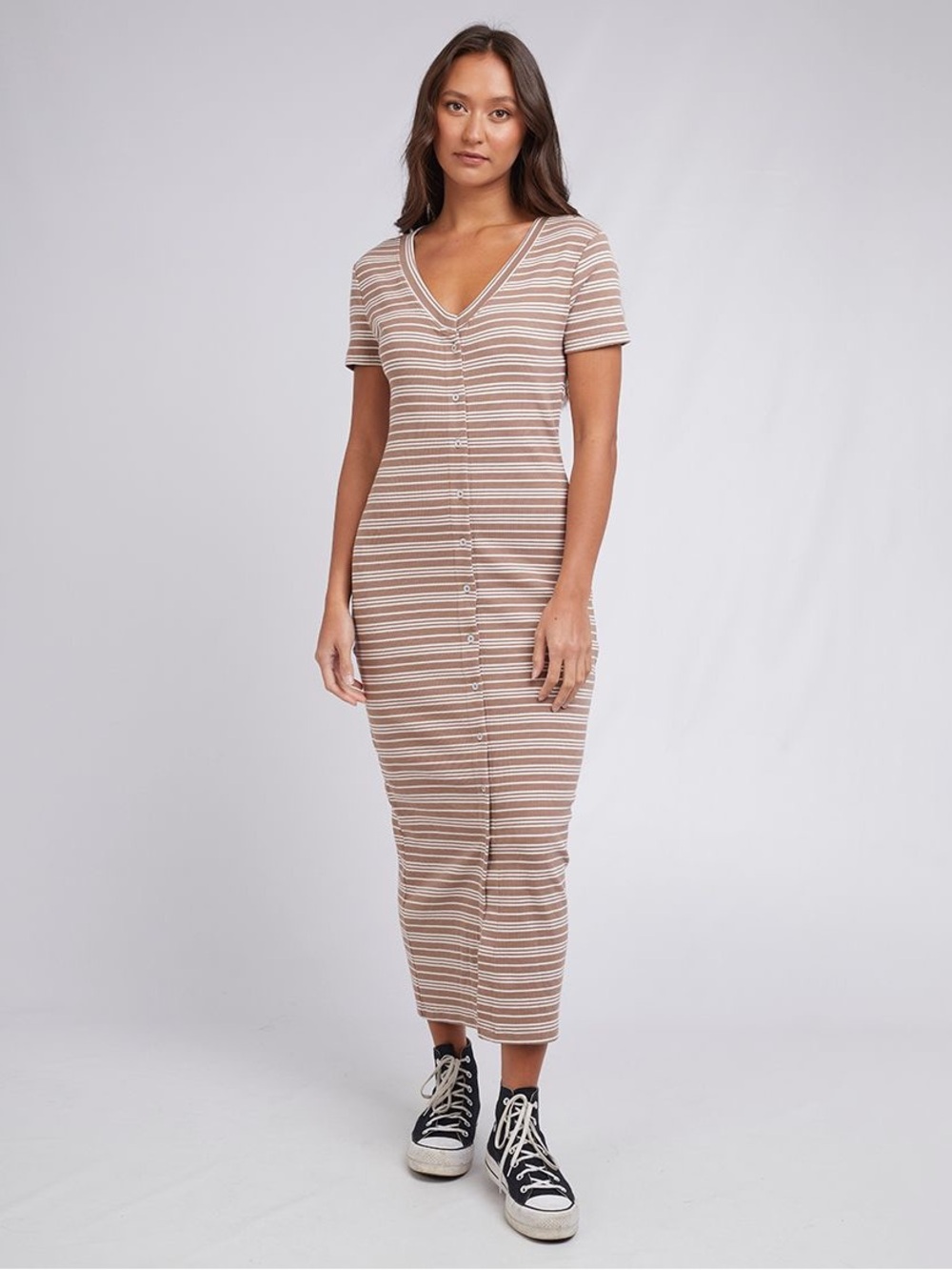 Striped Button-Front Midi Dress in Brown and White